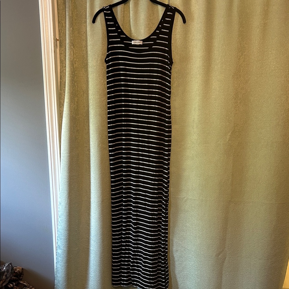 Calvin Klein Black and White Striped Maxi Dress